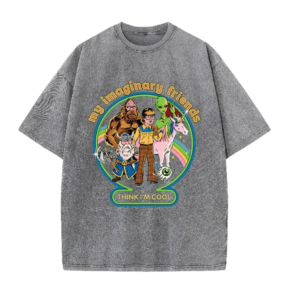 Brown Acid Wash Imaginary Friends Graphic Casual Retro Streetwear Tee by Vimost Shop