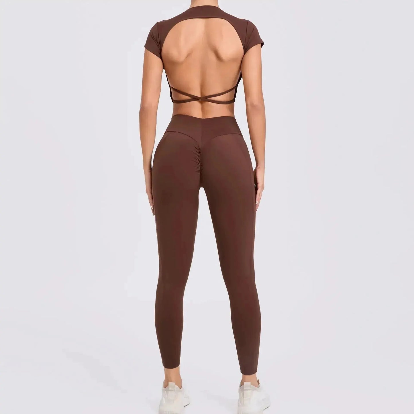 Cross Backless Sporty Set Women 2 Piece Sportswear Short Sleeve Training Suit for Fitness Yoga Wear Female Gym Workout Clothes by MAIDEN-ART