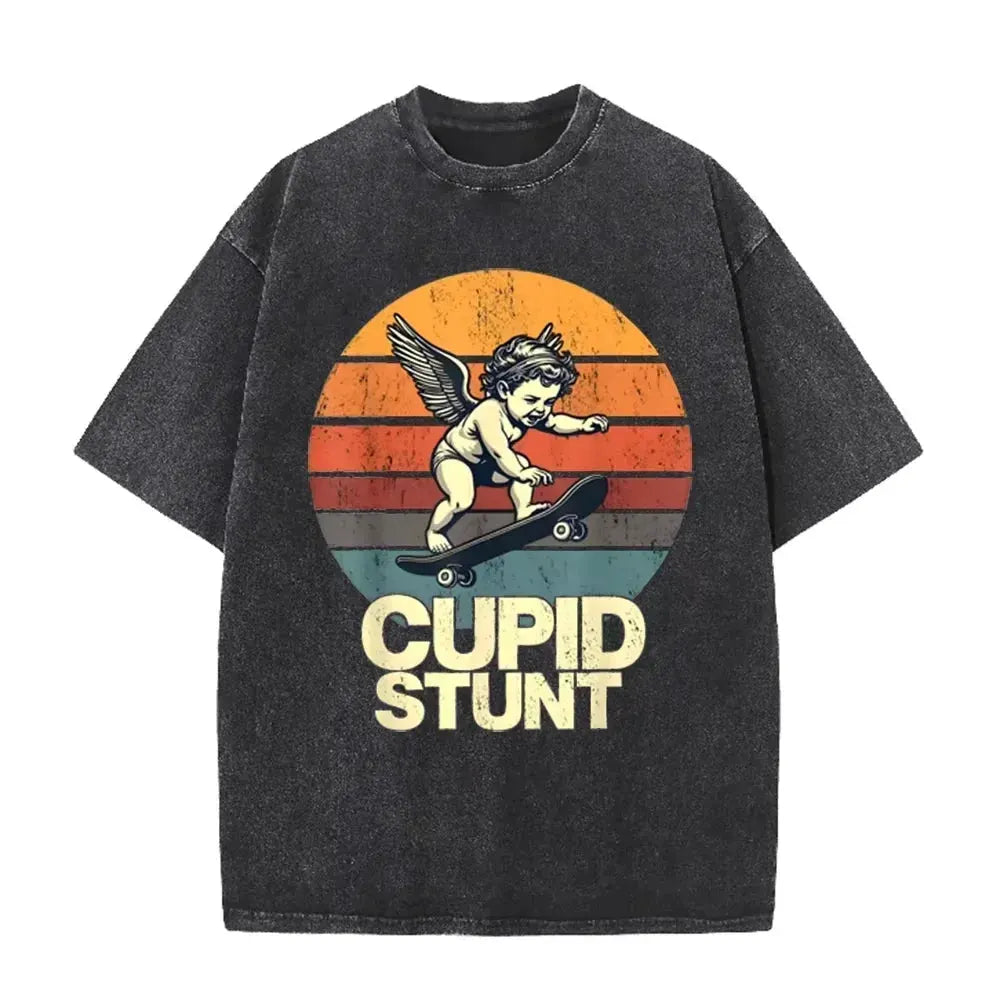 Retro Beige Cupid Stunt Skate Graphic Acid Wash Oversized Tee by Vimost Shop
