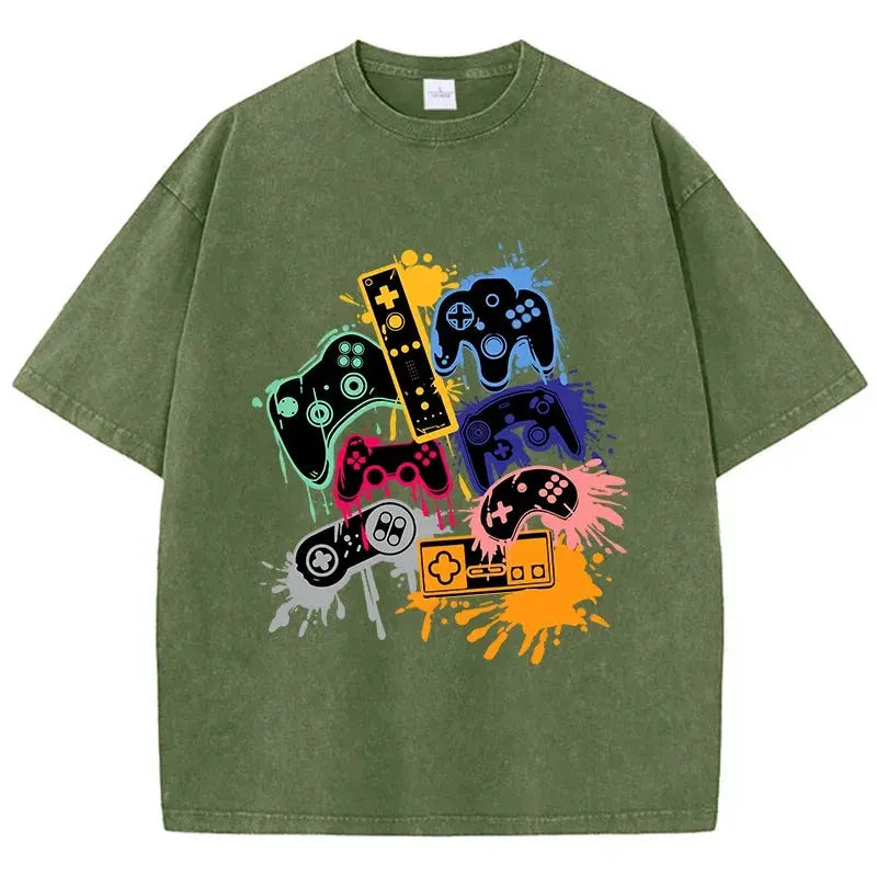 Game Console Graffiti Printing Washed T-Shirt Cotton T Shirts O-Neck Comfortable Distressed Tops Summer Mans Clothes by Vimost Shop