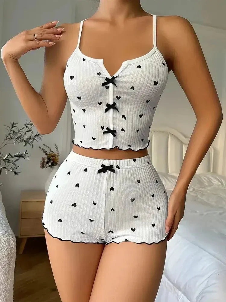 Women’s Heart-Print Sleeveless Cami and Shorts Pajama Set with Bows by Vimost Shop