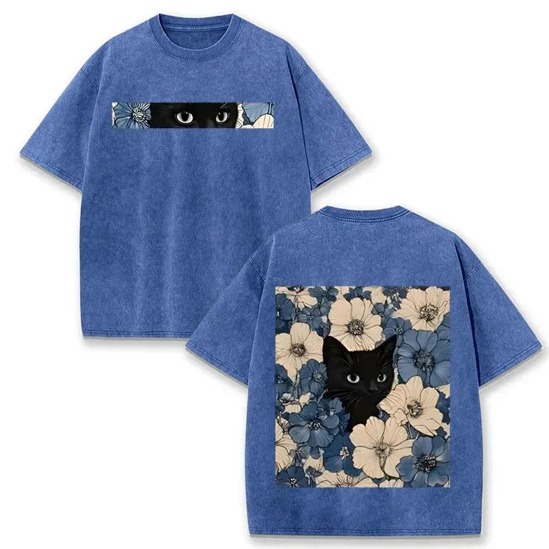 Vintage Washed Black Cat Floral T Shirt Double Sided Print Streetwear Casual Tee by Vimost Shop