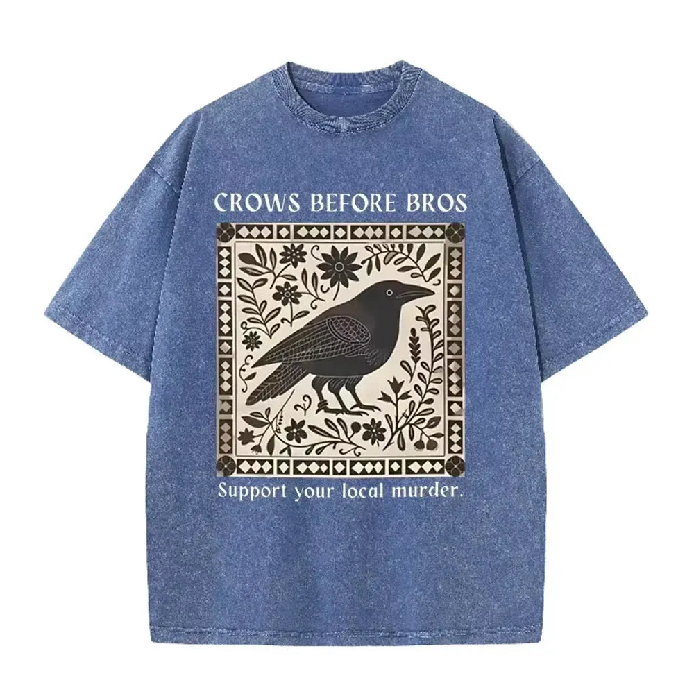 Distressed Vintage Washed Tee Vintage Square Crow Floral Print Support Local Murder Funny Slogan Loose T Shirts by Vimost Shop