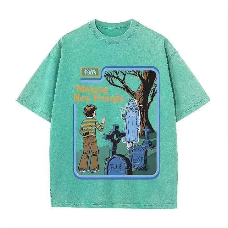 Green Acid Wash Making Friends Ghost Cemetery Vintage Halloween Tee by Vimost Shop