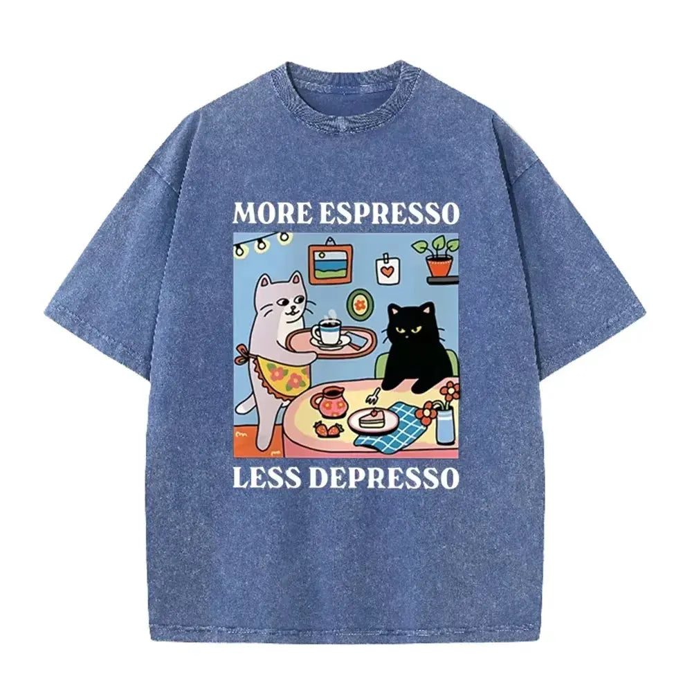 Vintage Black Cat Coffee T Shirt More Espresso Less Depresso Graphic Acid Wash Tee by Vimost Shop