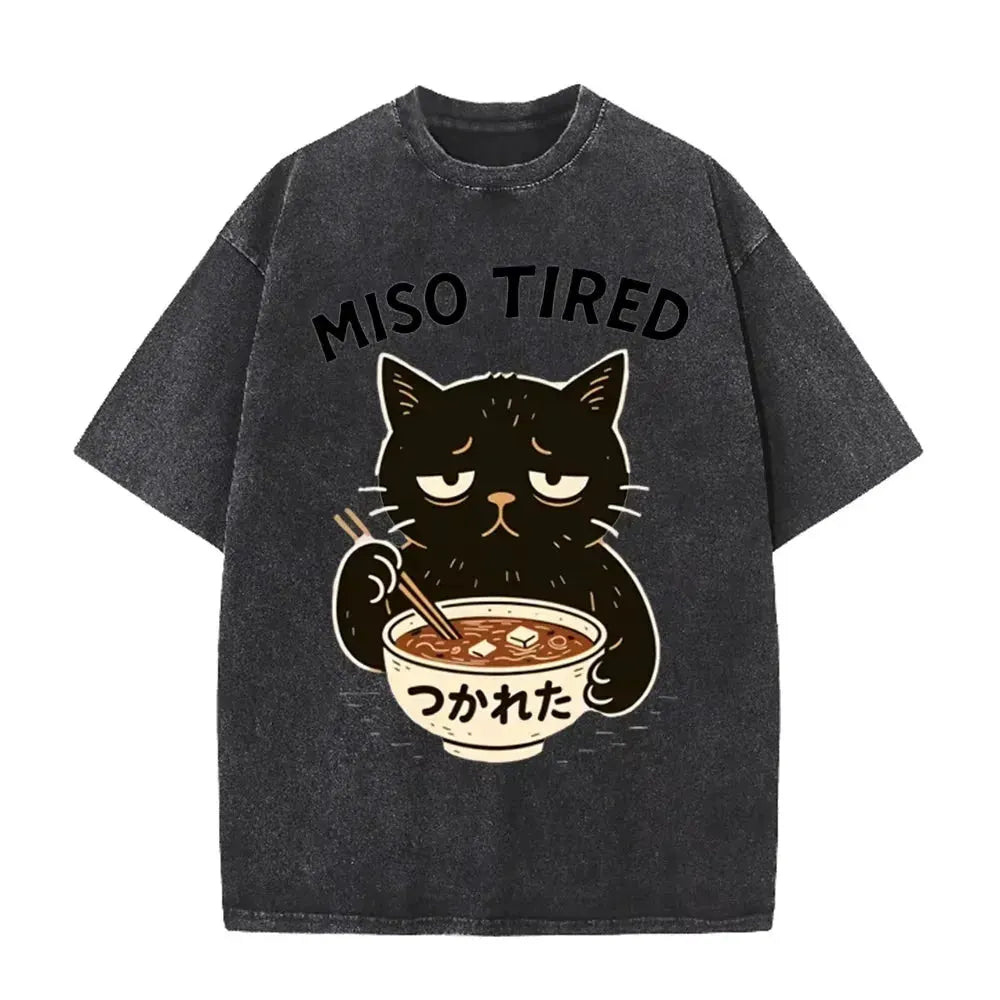 Vintage Washed Purple Miso Tired Black Cat Miso Soup Casual T Shirt by Vimost Shop
