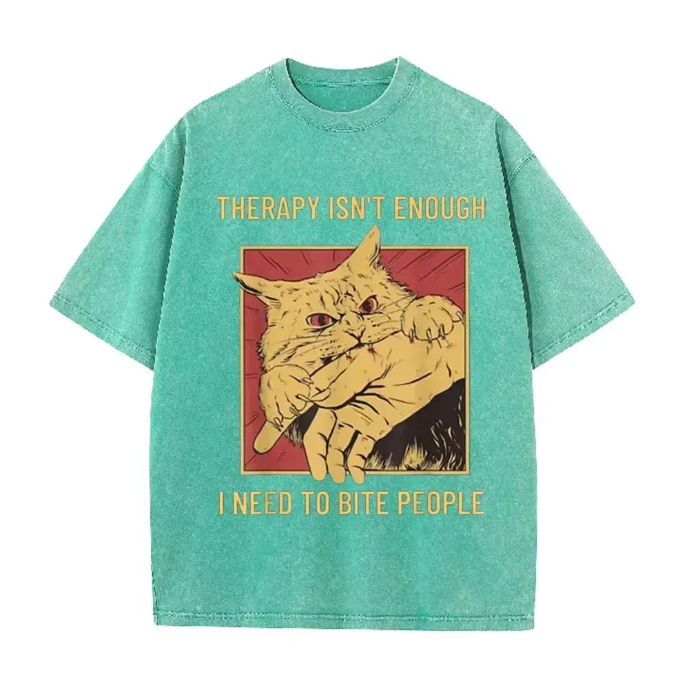 Funny Cat Bite Hand "Therapy Isn't Enough" Print Vintage Washed Black T Shirt by Vimost Shop