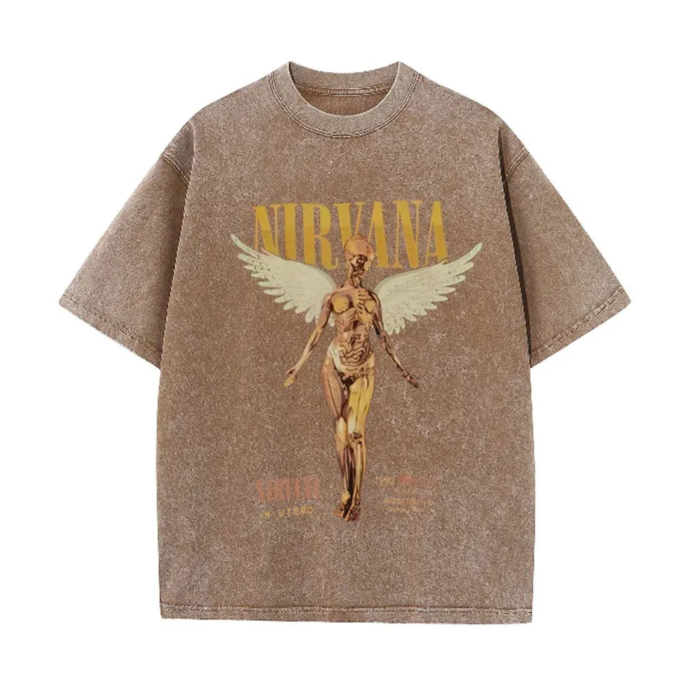 Vintage Distressed Washed Tee Nirvana Grunge Rock Silver Angel Skeleton Print Loose Fit Short Sleeve T Shirts by Vimost Shop