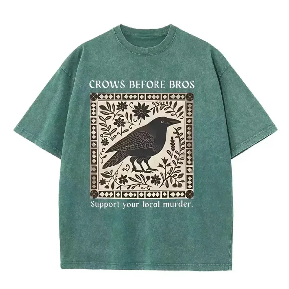 Distressed Vintage Washed Tee Vintage Square Crow Floral Print Support Local Murder Funny Slogan Loose T Shirts by Vimost Shop