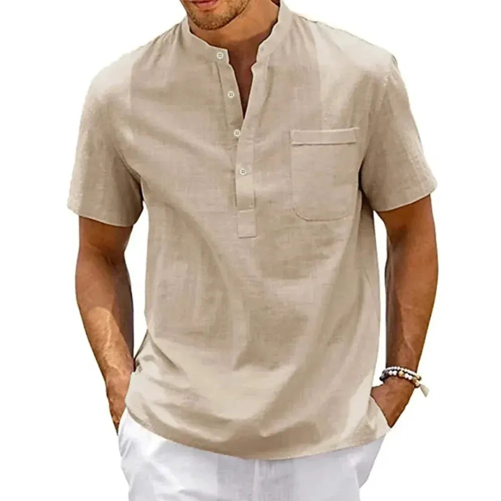 Men’s Short-Sleeve Cotton-Linen Henley Shirt by Vimost Shop