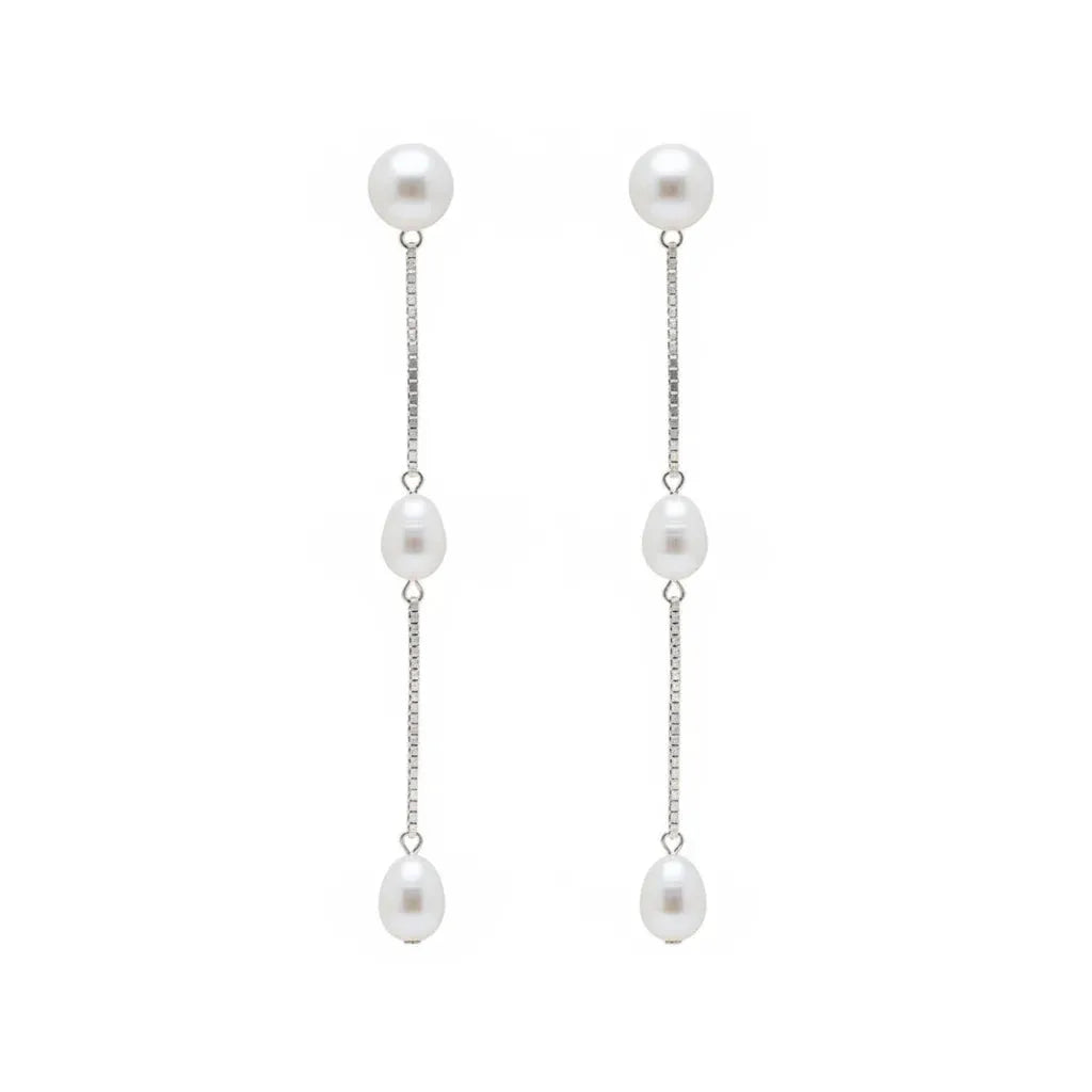 Silver Chain Tassel Pearl Earrings by Angel Barocco