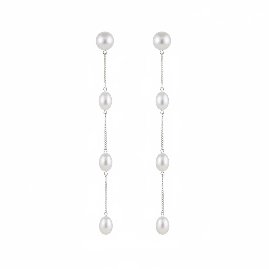Silver Chain Tassel Pearl Earrings by Angel Barocco