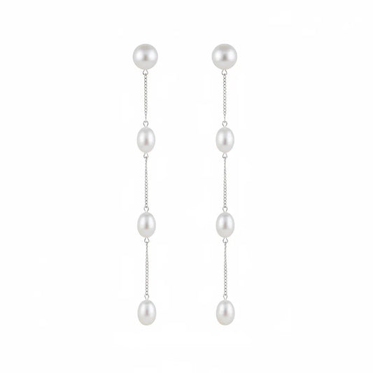 Silver Chain Tassel Pearl Earrings by Angel Barocco