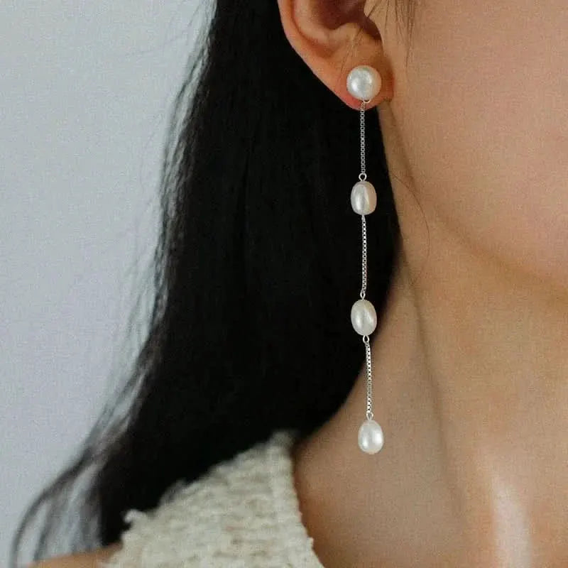 Silver Chain Tassel Pearl Earrings by Angel Barocco