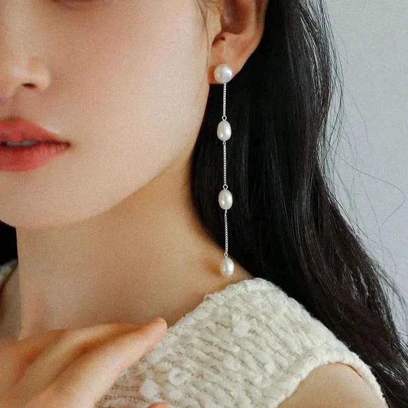Silver Chain Tassel Pearl Earrings by Angel Barocco