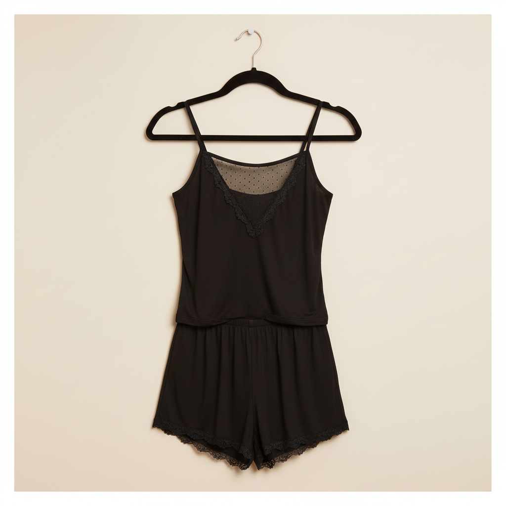 Black romper on a hanger against a beige background