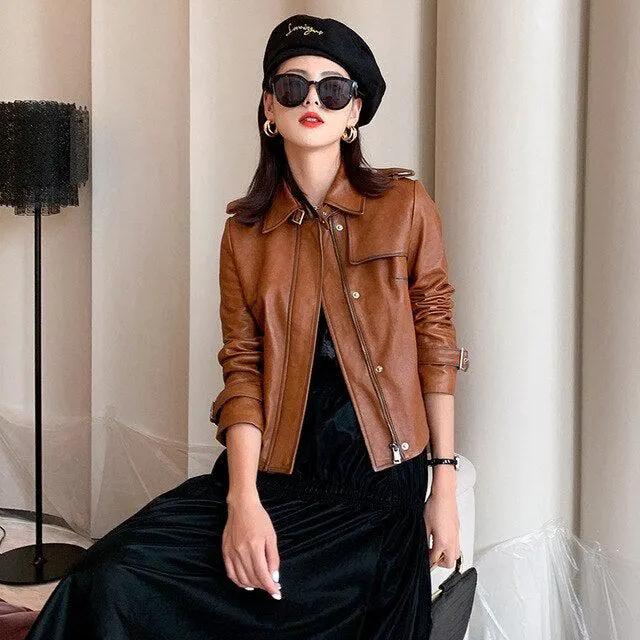 Stella Womens Vintage Sheepskin Coat Moto Biker Jacket by Inland Leather Co.