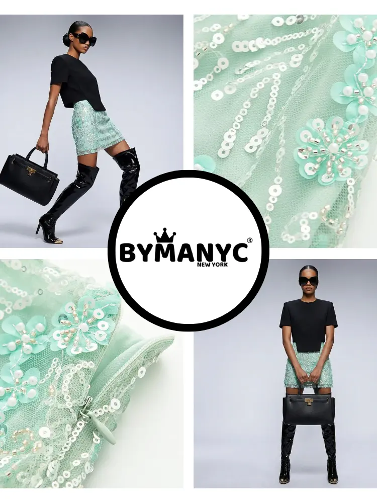 Structured Tweed Mini Skirt with Embroidered Roses & Crystals • BYMANYC ® New York by BYMANYC ® New York