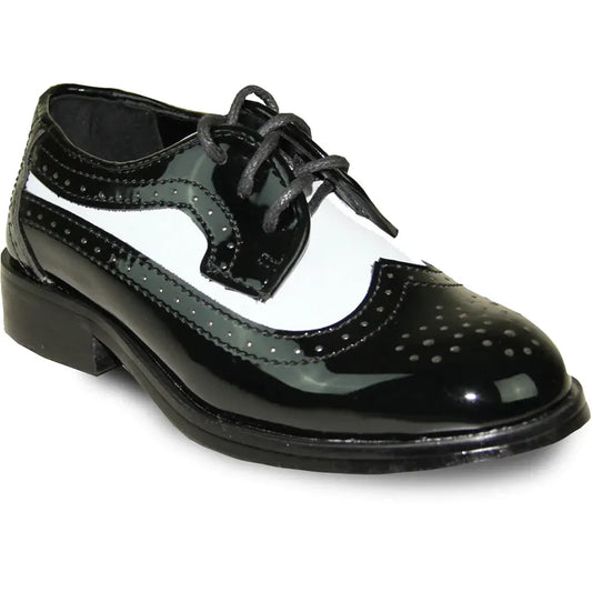 VANGELO Boy Dress Shoe TAB-3KID Oxford Formal Tuxedo for Prom & Wedding Black/White Patent Two Tone by Tux-USA