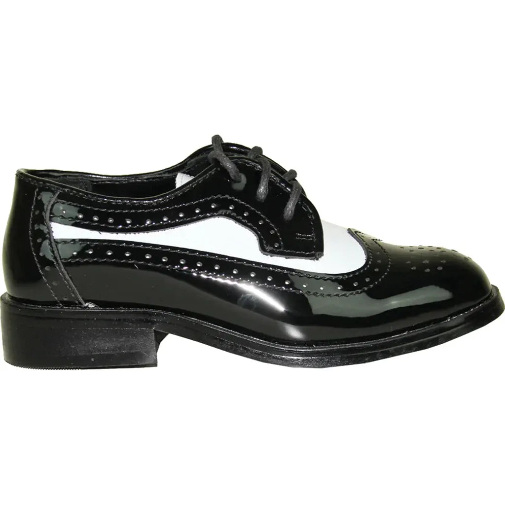 VANGELO Boy Dress Shoe TAB-3KID Oxford Formal Tuxedo for Prom & Wedding Black/White Patent Two Tone by Tux-USA