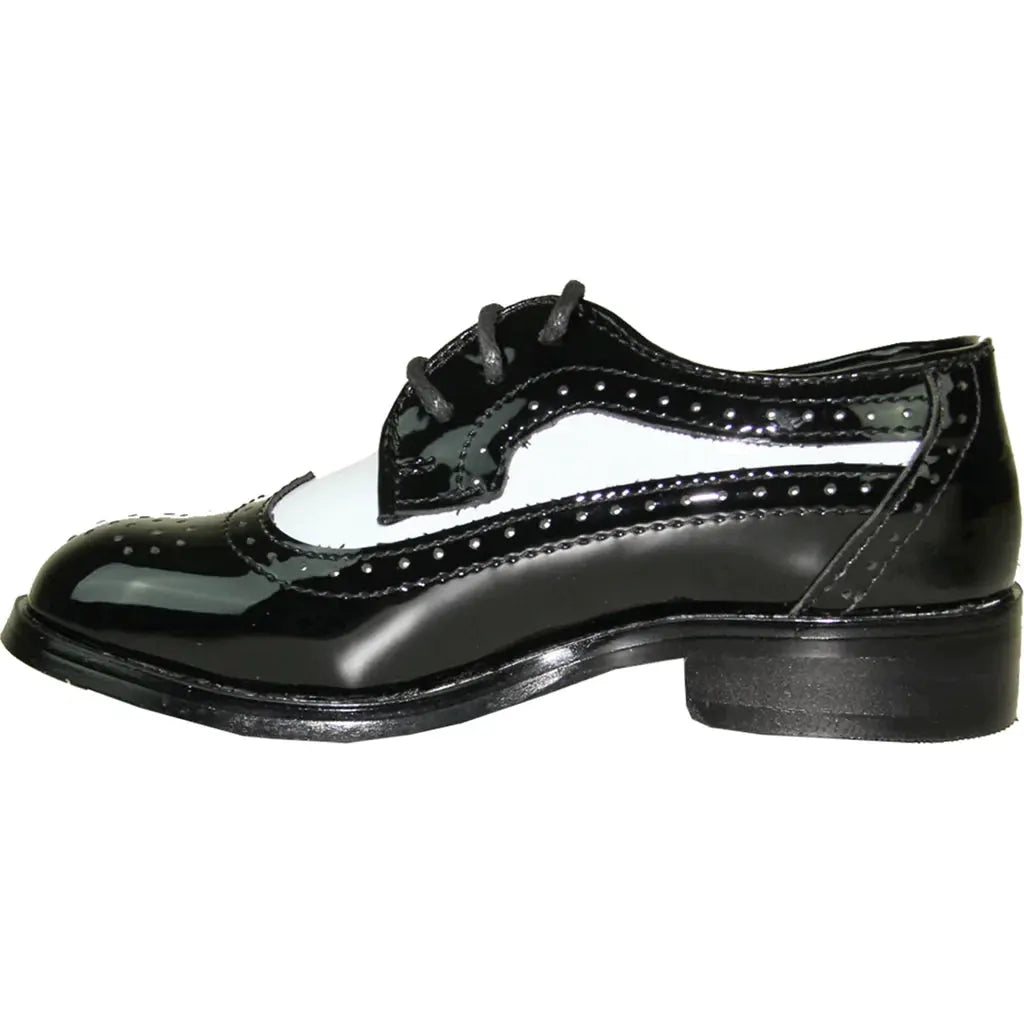 VANGELO Boy Dress Shoe TAB-3KID Oxford Formal Tuxedo for Prom & Wedding Black/White Patent Two Tone by Tux-USA