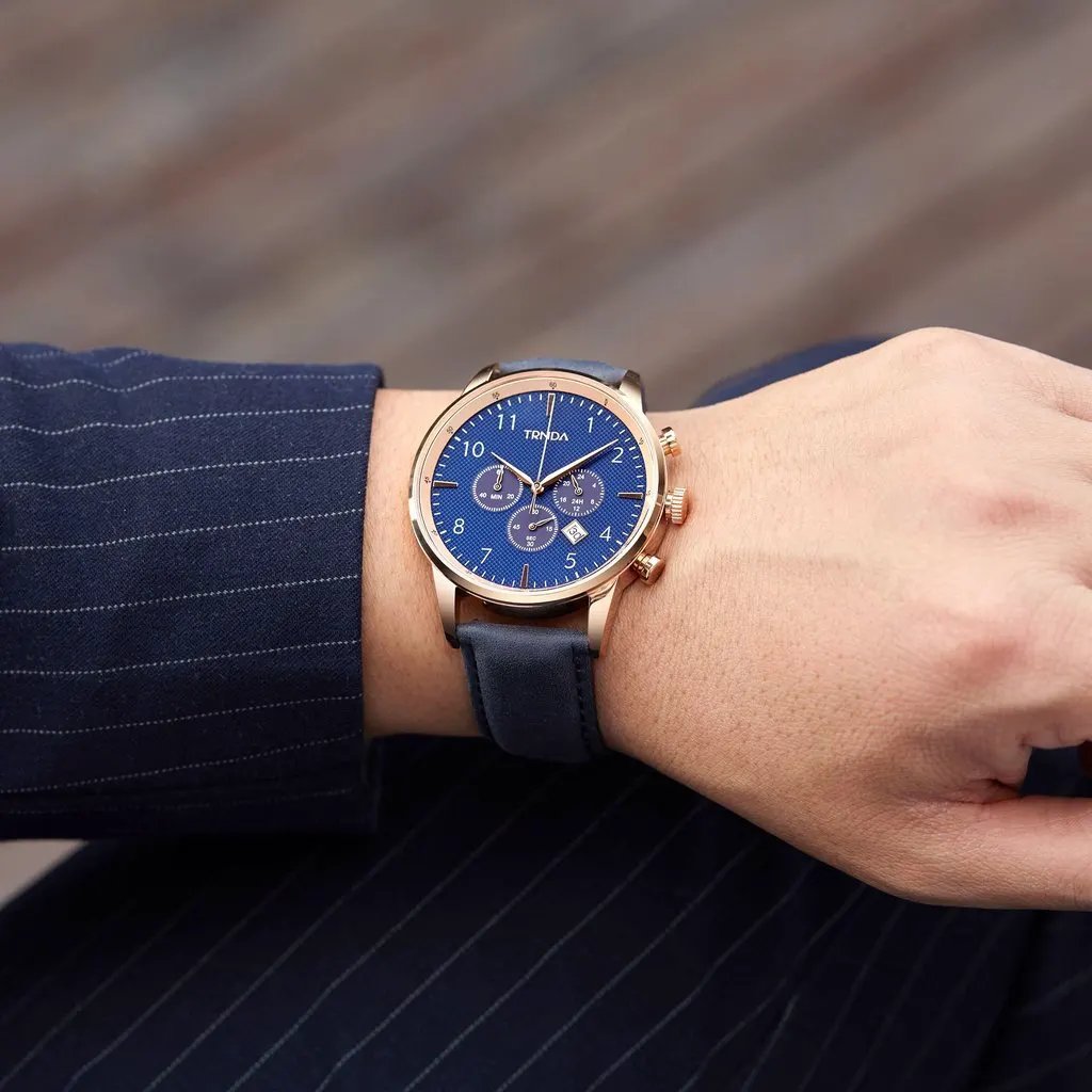 Trnda Men's Rose Gold Stainless Steel Watch, Blue Leather Band | Trn-43rglb by TRNDA