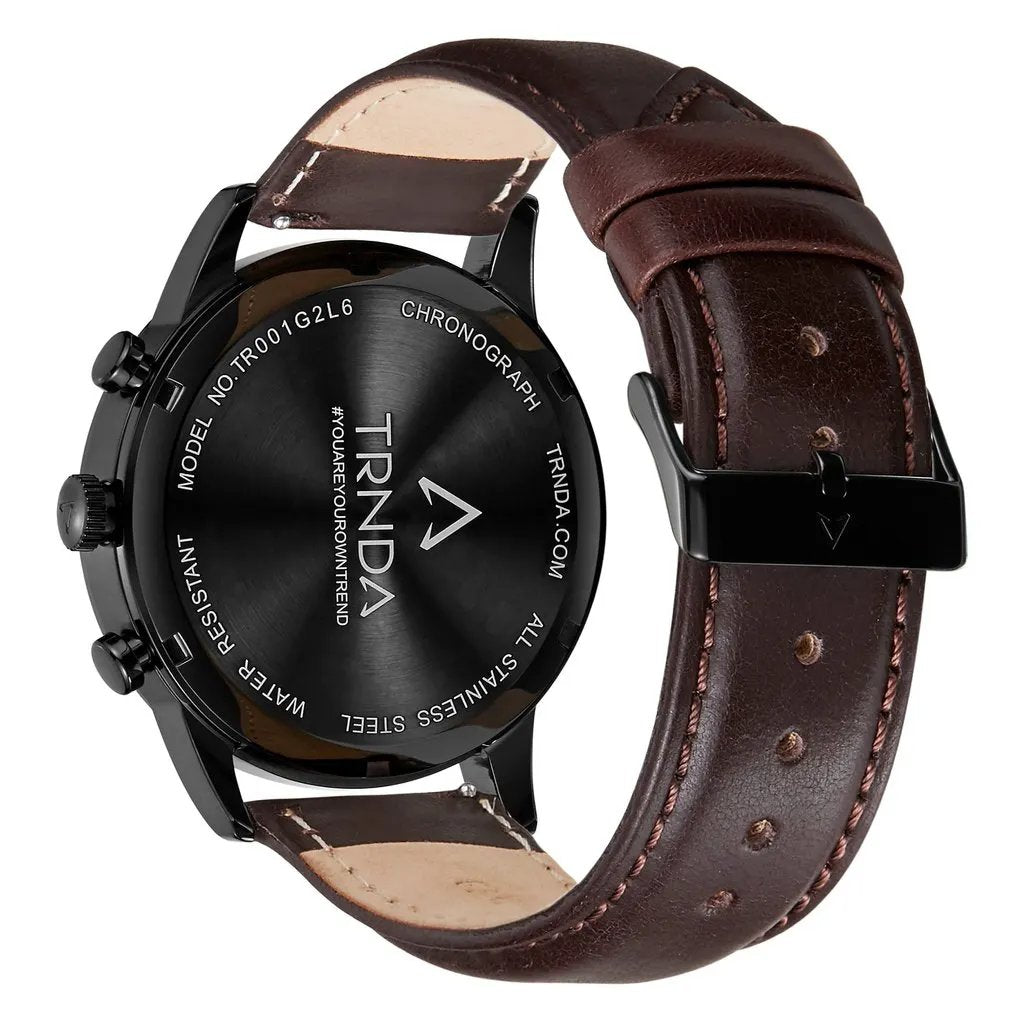 Trnda Men's Stainless Steel Black Watch, Brown Leather Band | Trn-43mm-Bl by TRNDA