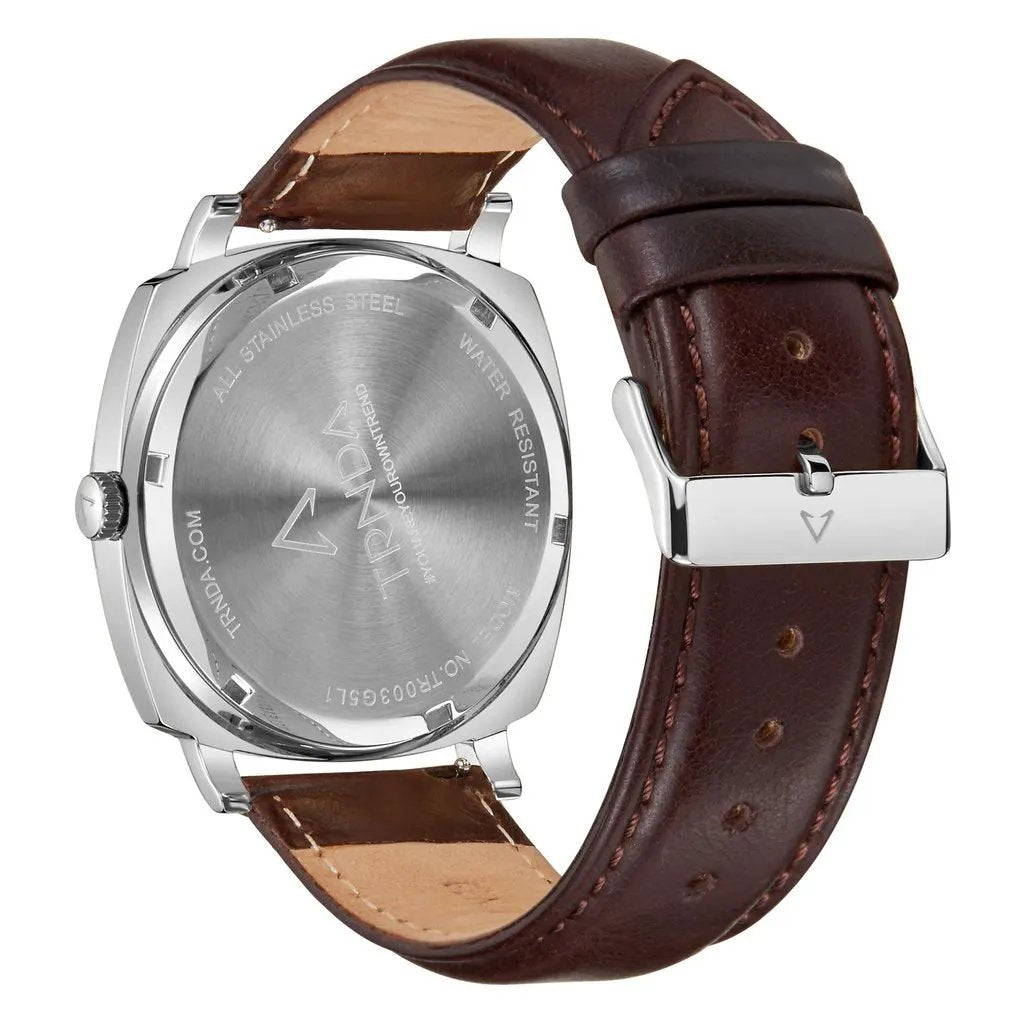 Trnda Men's Stainless Steel Square Watch, Brown Leather | Trn45s by TRNDA