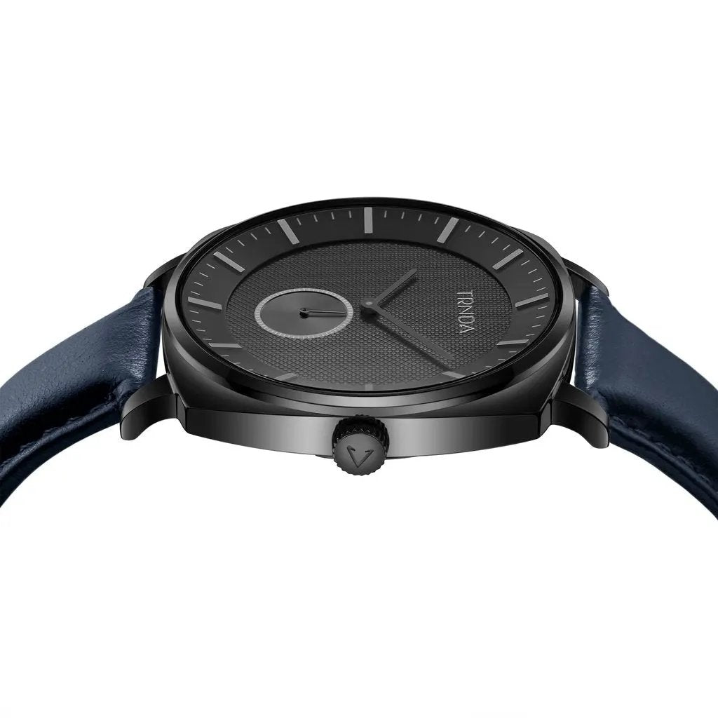 Trnda Men's Black Stainless Steel Watch, Blue Leather Band | Trndbk45 by TRNDA