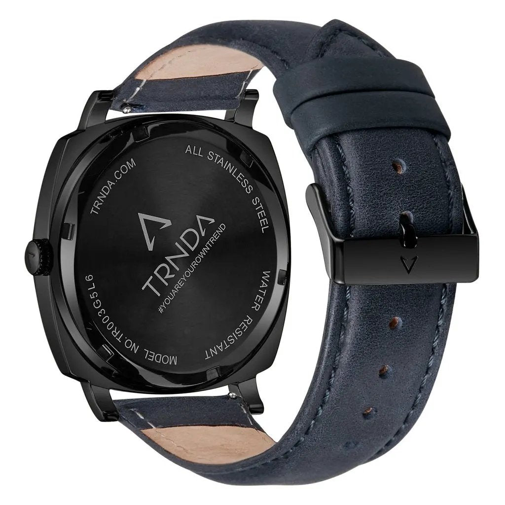 Trnda Men's Black Stainless Steel Watch, Blue Leather Band | Trndbk45 by TRNDA