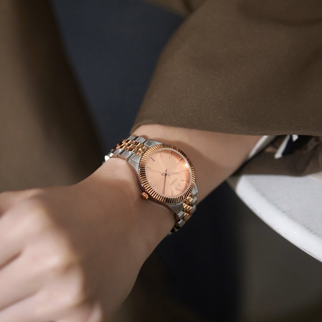 Trnda Women's Stainless Steel Watch, Silver & Rose Gold Dial | Trnda32mm-1