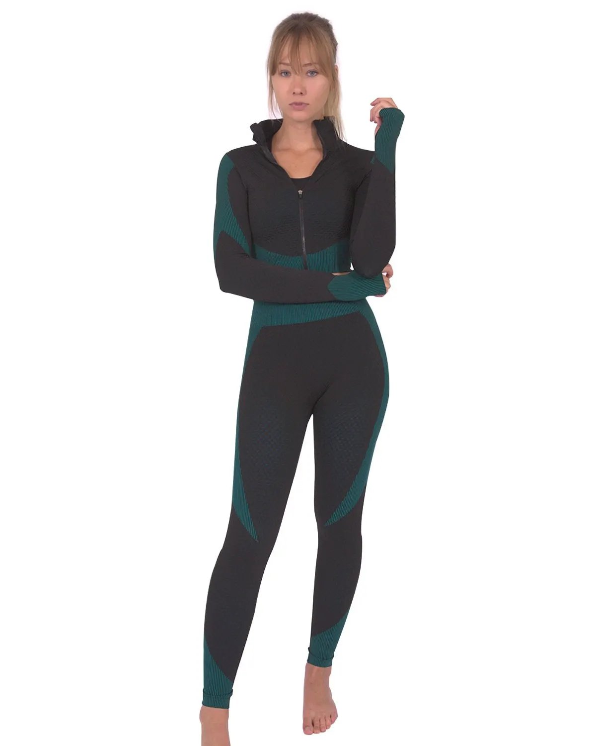 Trois Seamless Legging - Black With Teal Blue by Savoy Active