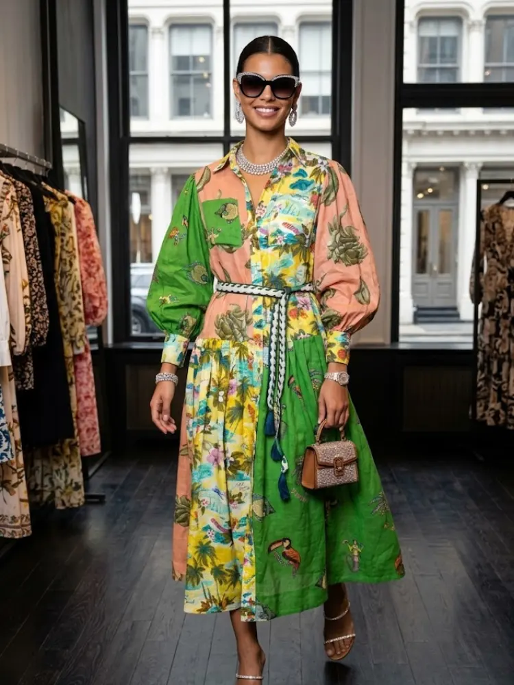 Tropical Patchwork Puff Sleeve Maxi Dress BYMANYC New York Women by BYMANYC ® New York
