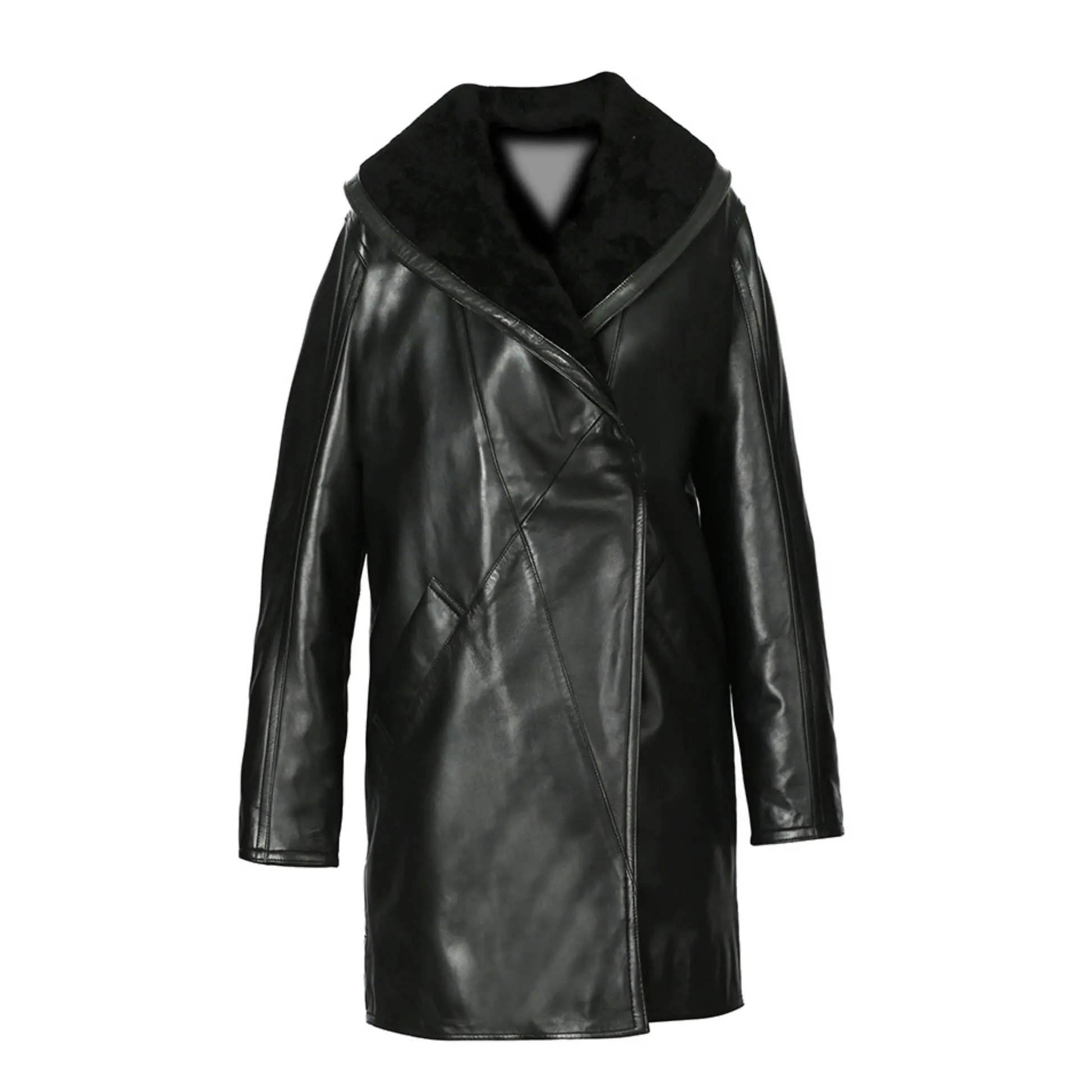 Women's Scully Black Full Length Faux Fur Leather Coat by Inland Leather Co.