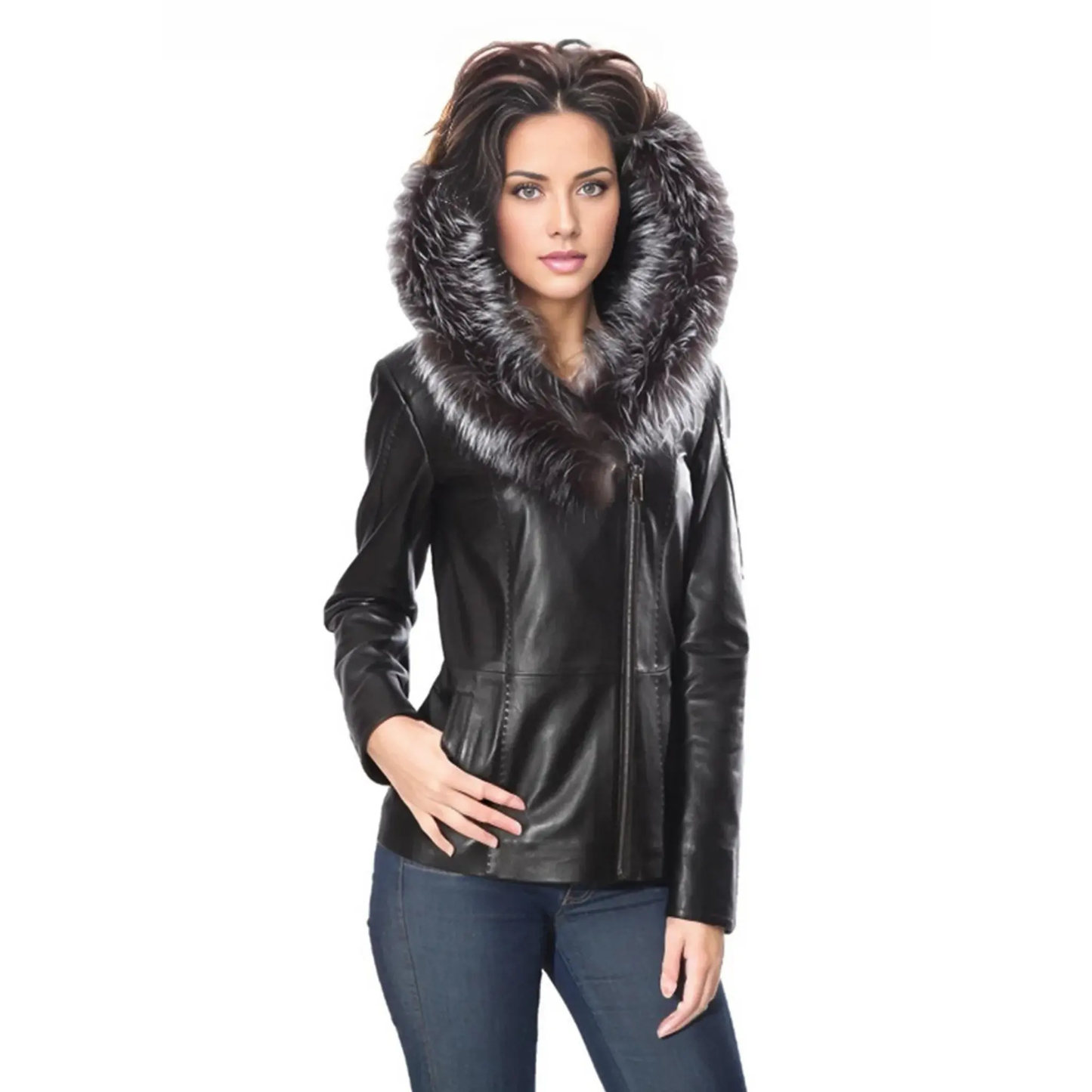 Cidra Womens Real Silver Fox Fur Hooded Leather Jacket by Inland Leather Co