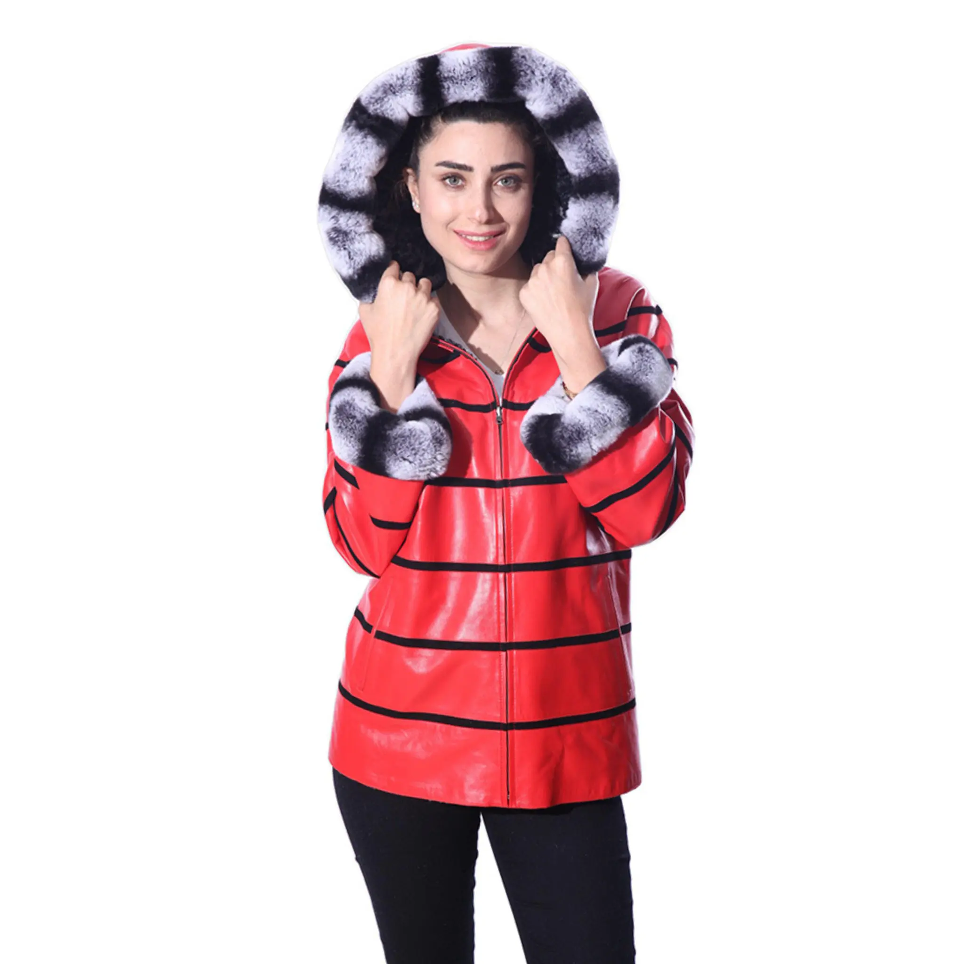 Anna Womens Real Fur Leather Jacket with Hood by Inland Leather Co
