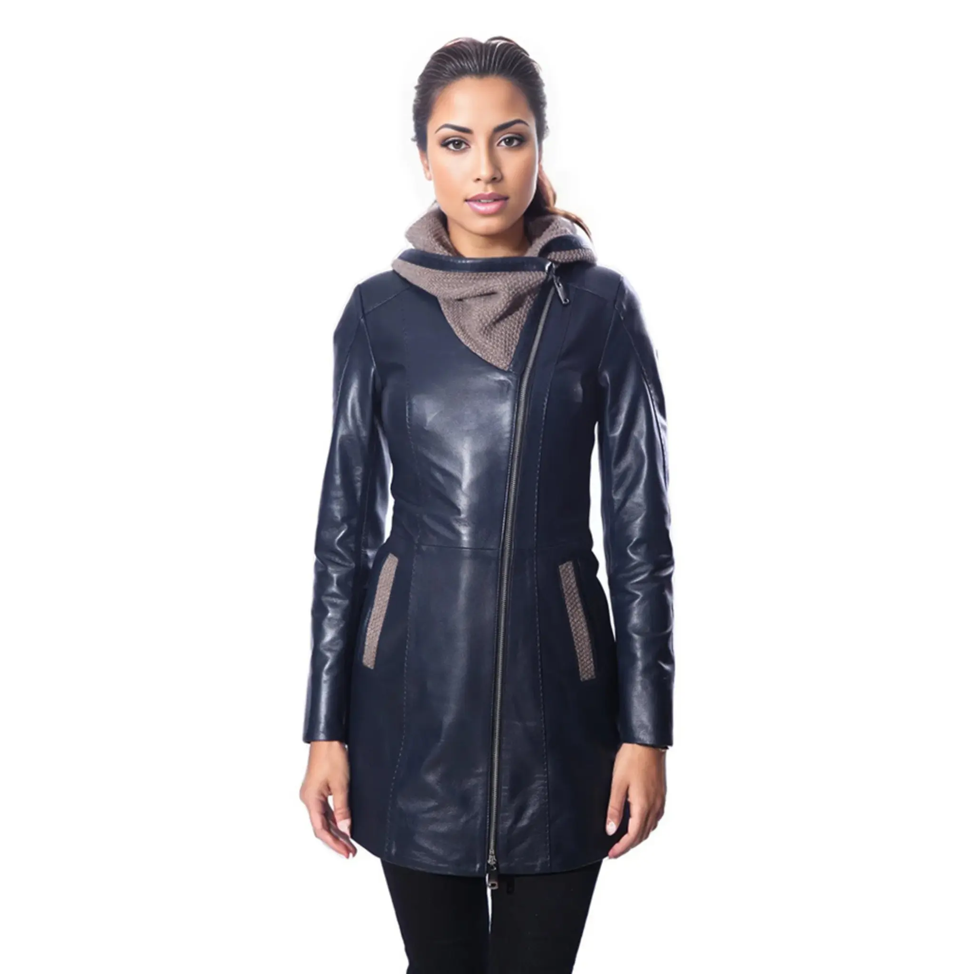 Janno Women’s Leather Jacket with Tricko Hoodie – Midnight Blue by Inland Leather Co