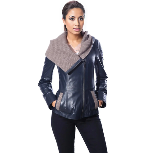Janno Women’s Leather Jacket with Tricko Hoodie – Midnight Blue by Inland Leather Co