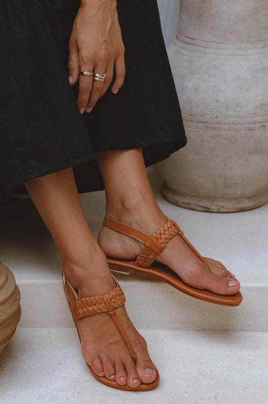 Venetian Braided T-Strap Leather Sandals by ELF