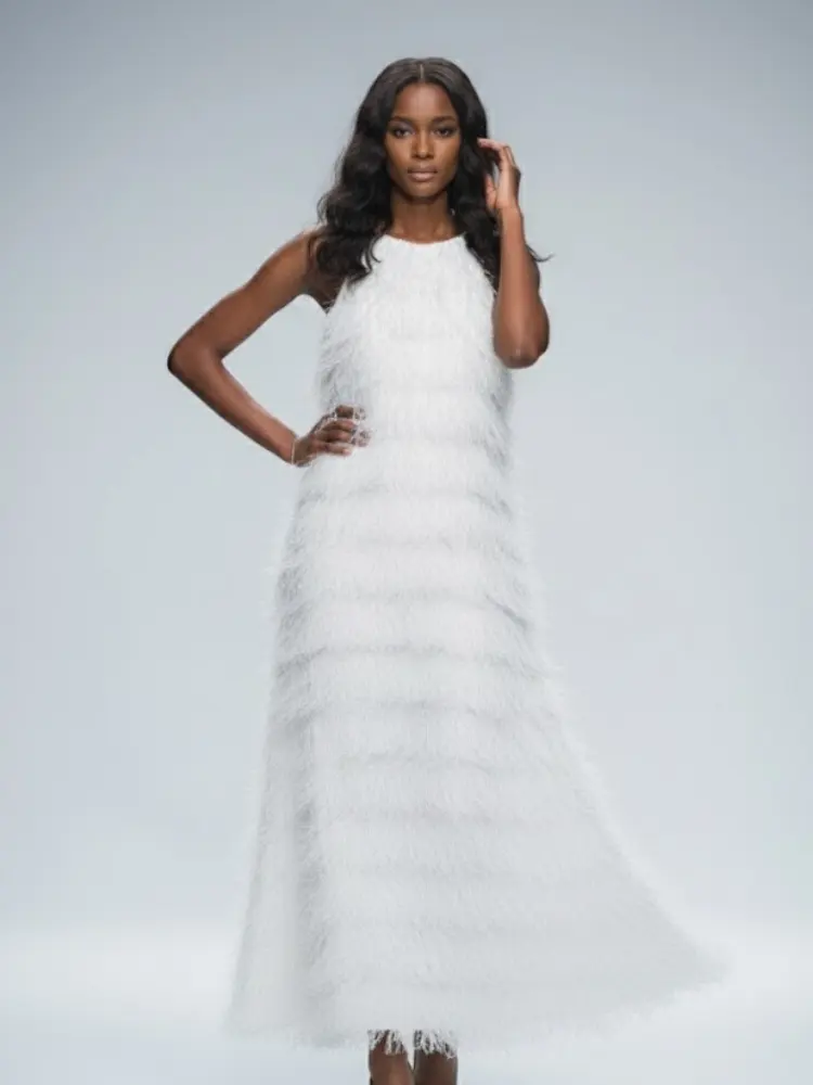 White Fringe Long Dress FIFTH AVENUE: Prêt-à-Porter Line BYMANYC ® New York by BYMANYC ® New York