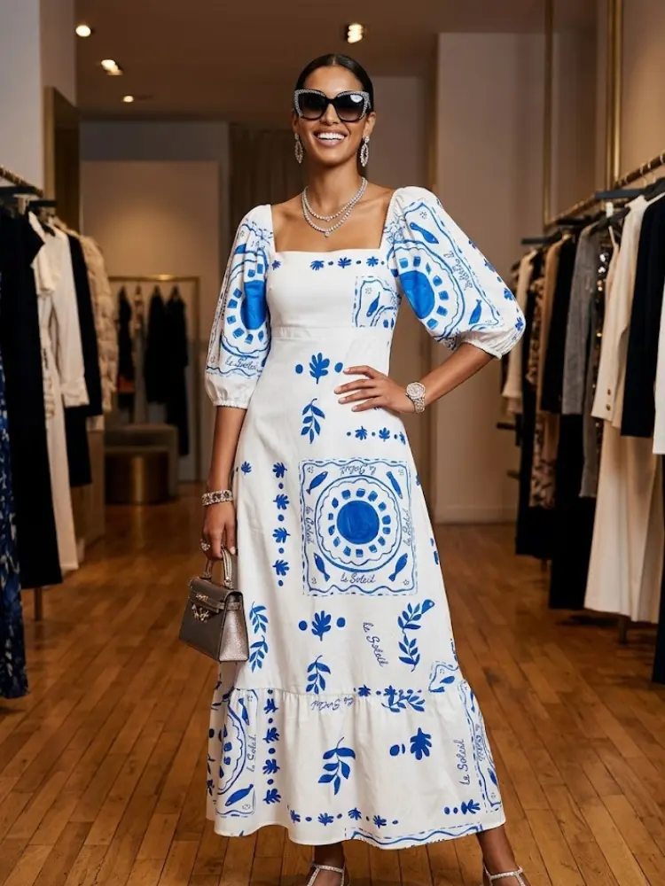 White and Blue Mediterranean Print Puff Sleeve Maxi Dress GRAMERCY New Collection FASHION BYMANYC ® New York by BYMANYC ® New York