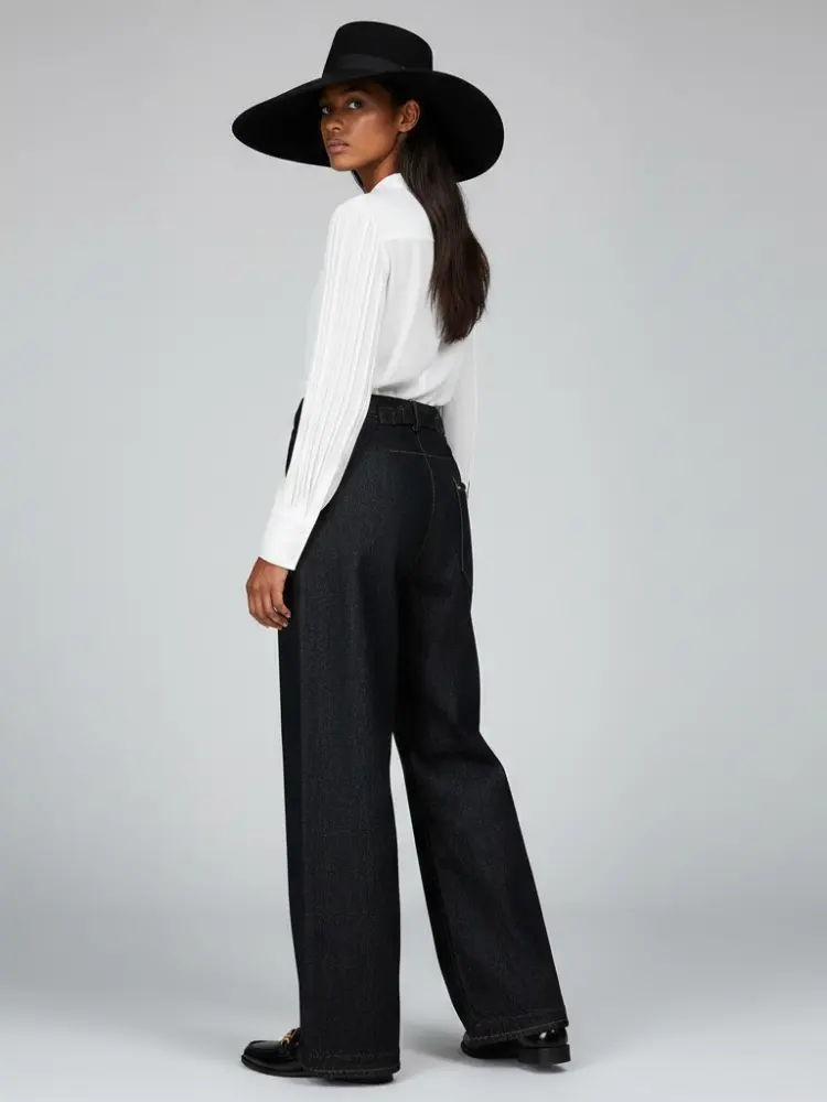 BYMANYC New York Wide Leg Denim Trousers With Back Buckle Detail For Women by BYMANYC ® New York