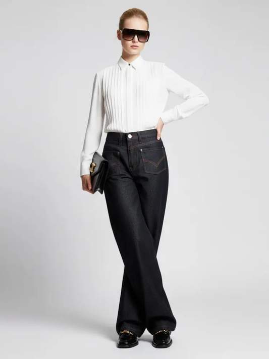 Wide-Leg Denim Trousers with Inverted Pocket Design • BYMANYC ® New York by BYMANYC ® New York