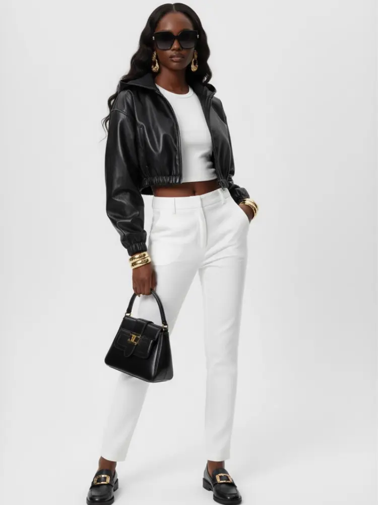 Women's Cropped Vegan Leather Bomber Jacket CHELSEA COUTURE BYMANYC ® New York by BYMANYC ® New York