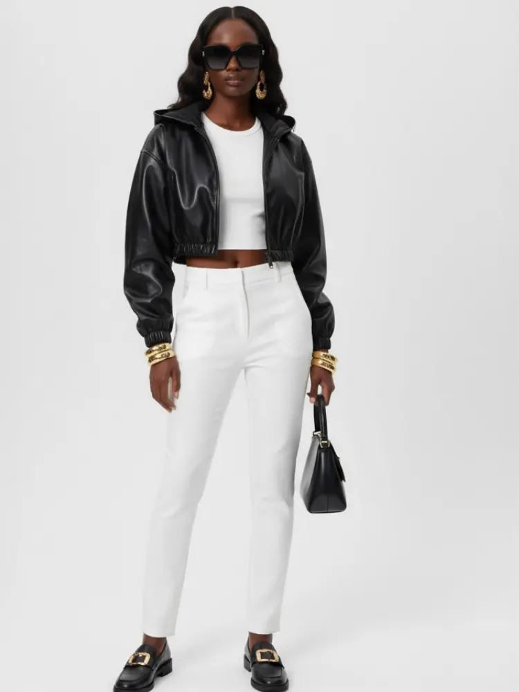 Women's Cropped Vegan Leather Bomber Jacket CHELSEA COUTURE BYMANYC ® New York by BYMANYC ® New York