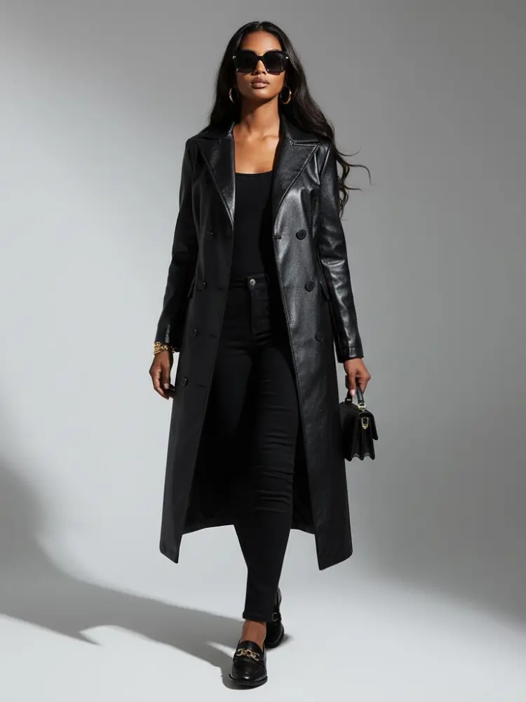 Women's Long Vegan Leather Trench Coat BLACK FINANCIAL COUTURE BYMANYC ® New York by BYMANYC ® New York