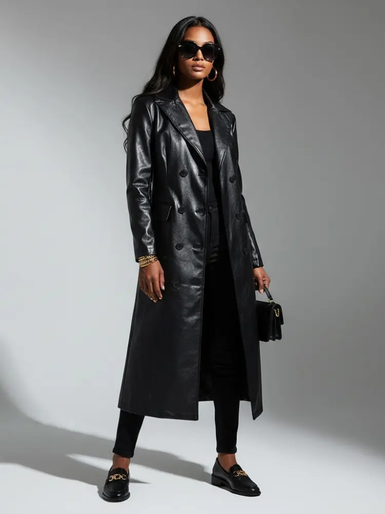 Women's Long Vegan Leather Trench Coat BLACK FINANCIAL COUTURE BYMANYC ® New York by BYMANYC ® New York