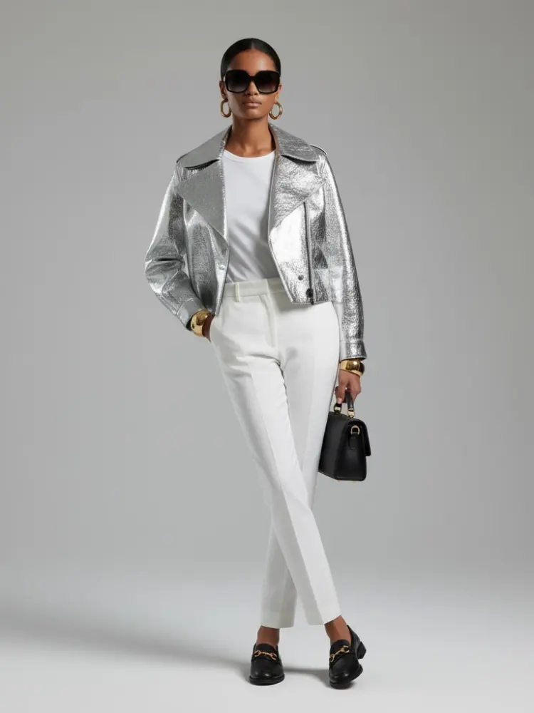 Women's Metallic Vegan Leather Biker Jacket SILVER WALL STREET COUTURE BYMANYC ® New York by BYMANYC ® New York