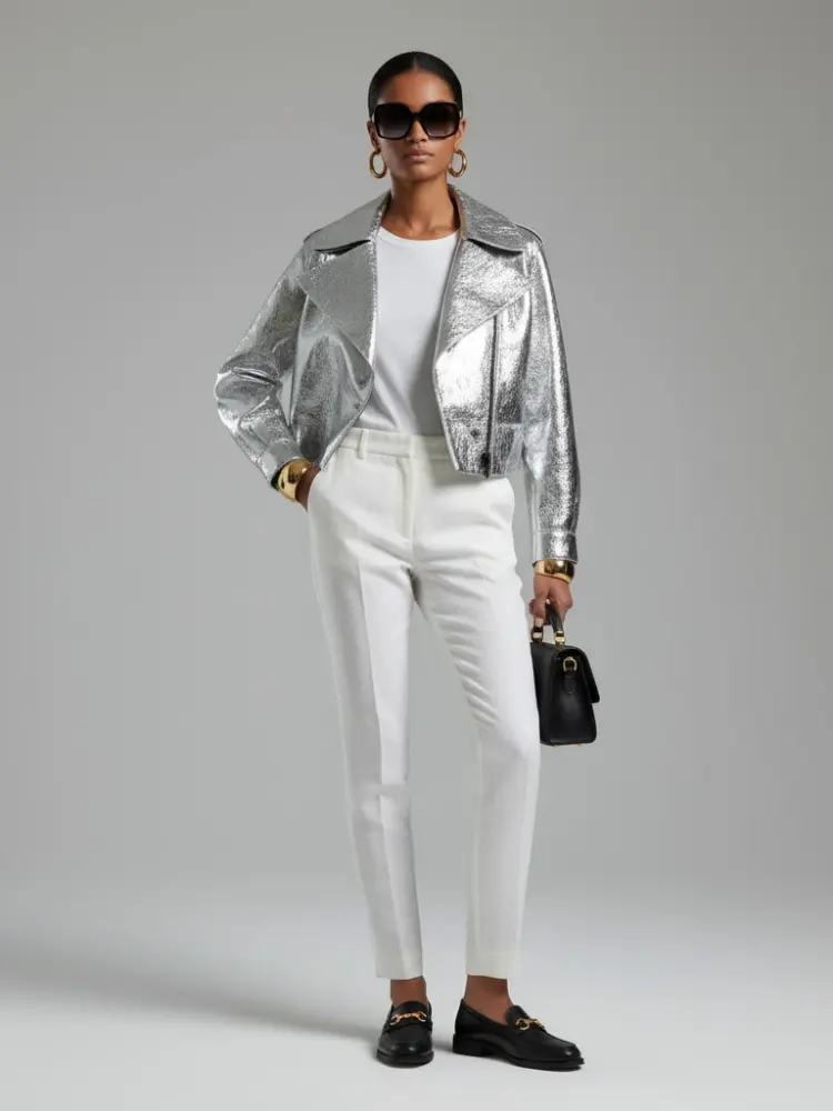Women's Metallic Vegan Leather Biker Jacket SILVER WALL STREET COUTURE BYMANYC ® New York by BYMANYC ® New York