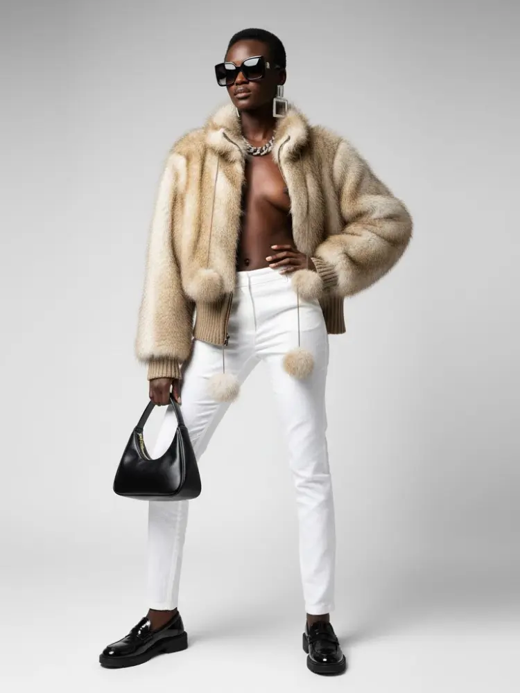 Women's Statement Faux Fur Bomber Jacket BEIGE - DYKER HEIGHTS: New Collection COUTURE in BROOKLYN - BYMANYC ® New York by BYMANYC ® New York